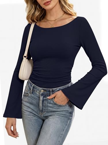 ANRABESS Women Bell Long Sleeve Shirts Boat Neck Top Navy Blue X-Small — view 3