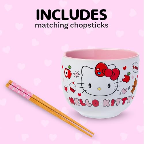 Image of Silver Buffalo Sanrio Hello Kitty Apples and Hearts Doodles Ceramic Ramen Noodle Rice Bowl with Chopsticks, Microwave Safe, 20 Ounces
