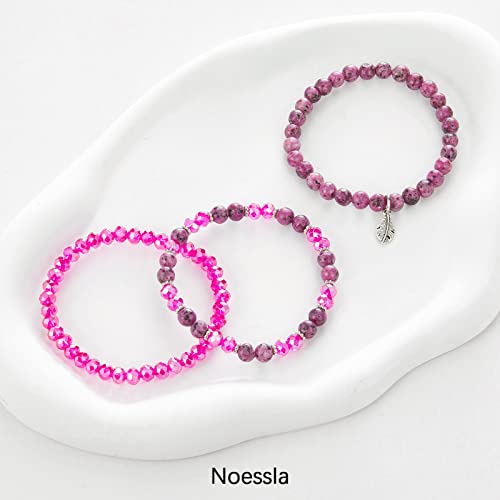 Noessla Stackable Crystal Beaded Bracelets For Women Boho Multi Layer Stretch Bracelets Natural Stone Bead Bracelet With Leaf Charm Jewelry For Women(Hot Pink) #TOP1