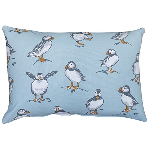 Image of Linen Loft Seaside Puffins Boudoir Cushion Cover in Mineral Blue. Nautical Inspired Marine Seabird Motif Design. 100% Cotton, 17x12 Rectangle Boudoir Cushion Cover Only