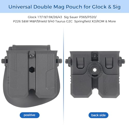 Universal Double Mag Pouch, Hard Polymer OWB Magazine Pouch Adjustable Retention Fit 9mm/10mm/.40/.45 Double Stack Mags, Belt Clip Double Magazine Pouch for Standard Mag Models — view 4