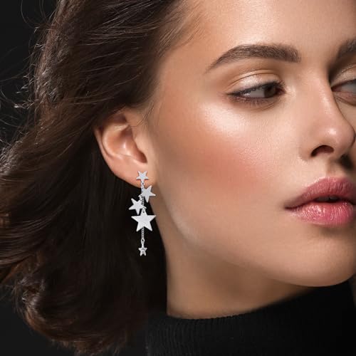 Silver Sparkly Star Drop Earrings Long Tassel Stud Earrings for Women Star Jewelry3