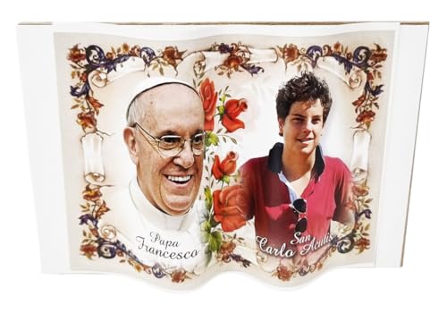 KUSTOM ART Santino - Figura decorativa con forma de libro del Papa Francisco y San Carlos Acutis, impresión sobre madera, 10 x 7 cm