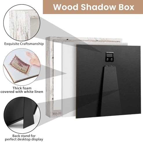 Califortree 8x8 Shadow Box Frame with Soft Linen Back - Metal Push Pins Included, Memory Box Display Case for Memorabilia Flower Awards Medals Wedding Photos, Rustic White