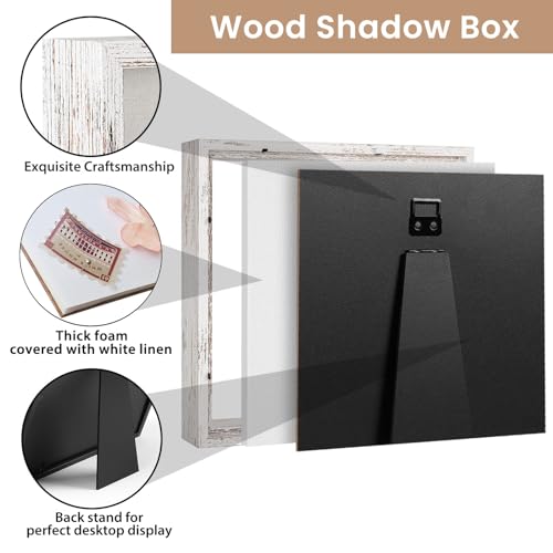 Califortree 8x8 Shadow Box Frame with Soft Linen Back - Metal Push Pins Included, Memory Box Display Case for Memorabilia Flower Awards Medals Wedding Photos, Rustic White