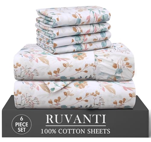 RUVANTI 6 Pcs Cotton Sheets - 100% Natural Cotton Soft, Lightweight & Breathable Crispy Percale Bed Sheets, Queen Sheet Set 16