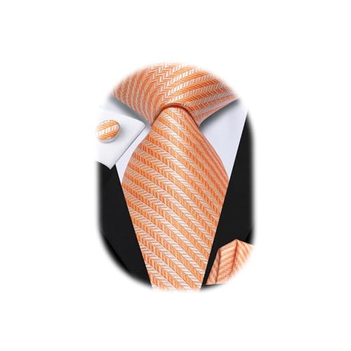 Hi-Tie Light Orange Striped Tie Sets Wedding Silk Necktie Pocket Square Cuff-links Sets Wedding Business Holiday