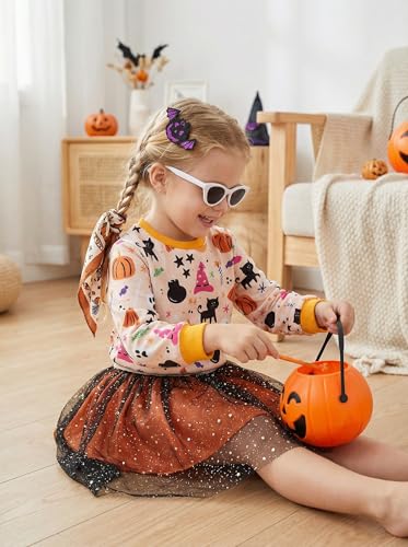 Popshion Baby Girls Halloween Party Dress Long Sleeve Crewneck Sweatshirt Holiday Outfit Tutu Skirt Set Kids Halloween Clothes 6-7 Years