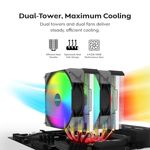Image of MONTECH NX600 ARGB Dual-Tower CPU Air Cooler with 6 Heatpipes & Premium Top Cover | 28mm E28 ARGB Premium Fan | Soldered Copper Base | Superior Heat Dissipation | All Intel & AMD Socket Support |Black