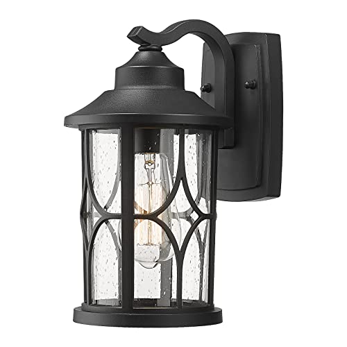 Image of zeyu Farmhouse Outdoor Wall Lantern - 12 Inch Exterior Wall Sconce, Cast Aluminum with Seeded Glass, Black Finish, ZX48B BK