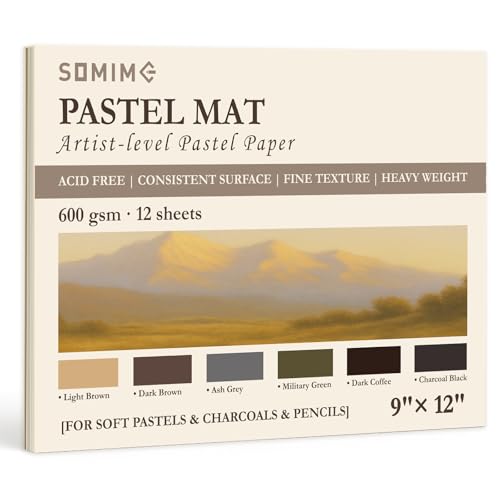 Somime 9x12 (600gsm) Sanded Pastel Paper Pad for Artists, 12 Sheets of 6 Assorted Colors Heavyweight Drawing Paper Pad for Pencils and Soft Oil Charcoal Pastels