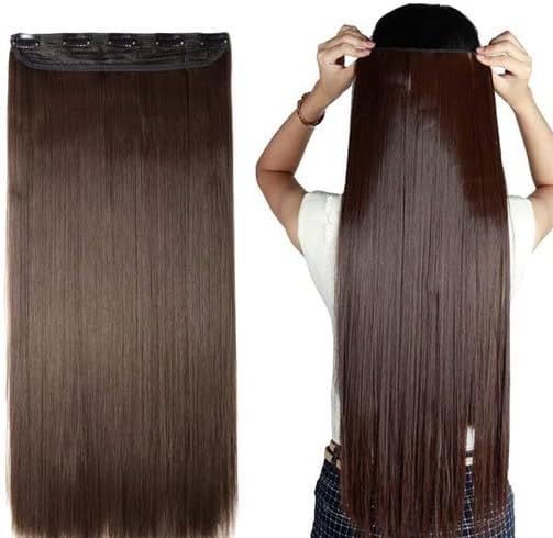 Siriji Creation Synthetic Fibre 5 Clips Straight Hair Extension for Women and Girls | 25-Inch Clip-In Hairpiece | Heat-Resistant, Reusable, Instant Volume and Length Boost Hair Wig for ladies (BROWN)