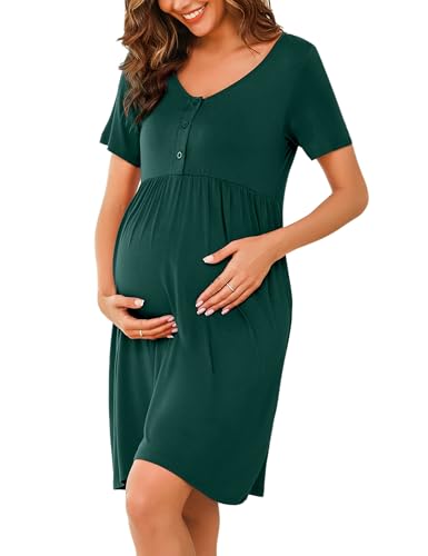 Bresdk Camisón Premamá Mujer con Botón Camisones de Lactancia de Maternidad Manga Corta Verano, Verde Oscuro, L