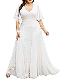 TIARALY Plus Size Formal Lace Dress Maxi V Neck A-line Chiffon Wedding Guest Prom Evening Gown Gala Elegant, White, 1X