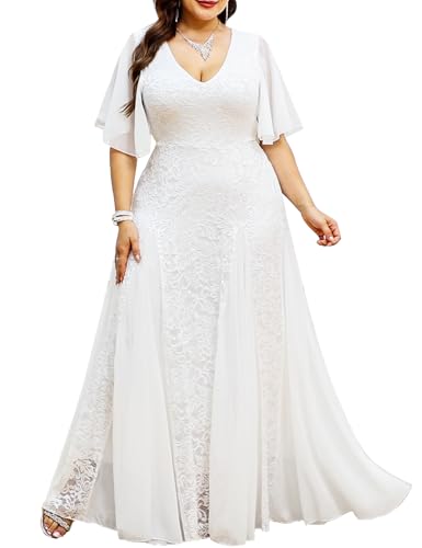 TIARALY Plus Size Formal Lace Dress Maxi V Neck A-line Chiffon Wedding Guest Prom Evening Gown Gala Elegant, White, 1X