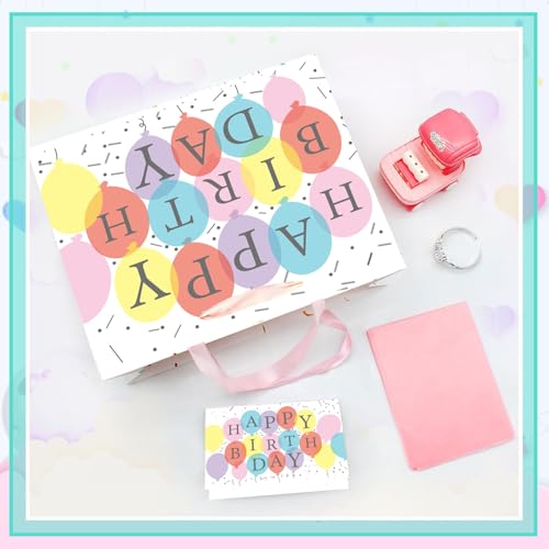 شنطة هدايا عيد ميلاد سعيد كبيرة 13 انش مع بطاقات ومناديل، مجموعة شنط هدايا ملونة للحفلات مع مقابض، شنط هدايا للاولاد والبنات لحفلات استقبال المولود الجديد والتسوق وحفلات الاطفال (بالون)