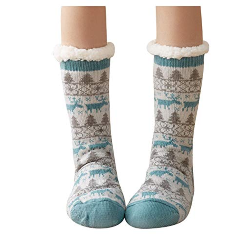 Slipper Socks Women Fleece Lining Fuzzy Winter Soft Warm Christmas Gift Knee Highs Socks With Grippers (Free, Lake blue)