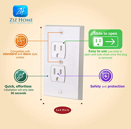 Ziz Home Self-Closing Childproof Outlet Covers | 4 Pack | White | Universal Electric Outlet Cover - Baby Proof Kit - Child Safety Wall Socket Plug - Durable Abs Plastic - Protection | Proofing #TOP1