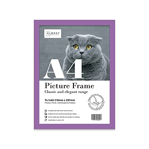 A4 Purple Picture Frame, Fits A4 (21 x 29.7cm - 8.3 x 11.7in) Poster, Photo, or Print. Portrait and Horizontal Wall Hooks/Kickstand Wall Art Display