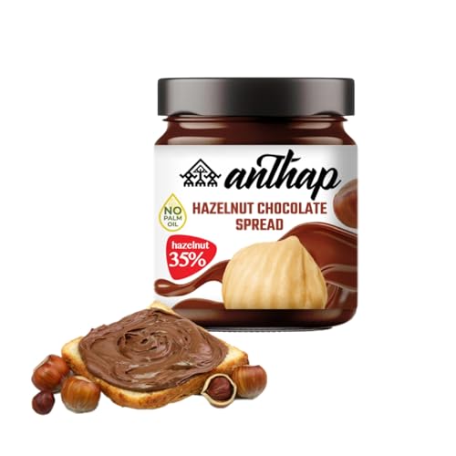 Anthap Hazelnut Chocolate Spread 35% Hazelnut, No Palm Oil, Halal, Perfect for toast, pancakes or waffles, Smooth Texture, No Preservatives, No trans-fats, Glass Jar, More Hazelnuts, 320g