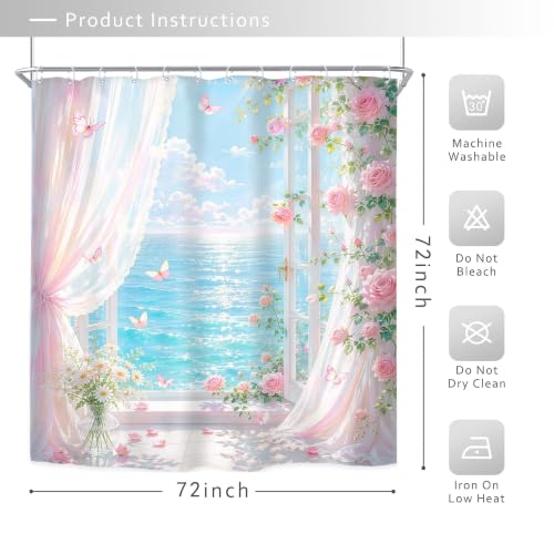 Image of Riyidecor Pink Ocean Floral Shower Curtain 72Wx72H Inch Coastal Beach Scenery Summer Roses Botanical Butterfly Beachside View Aesthetic Girls Bathroom Decor Fabric Polyester Waterproof 12 Pack Hooks