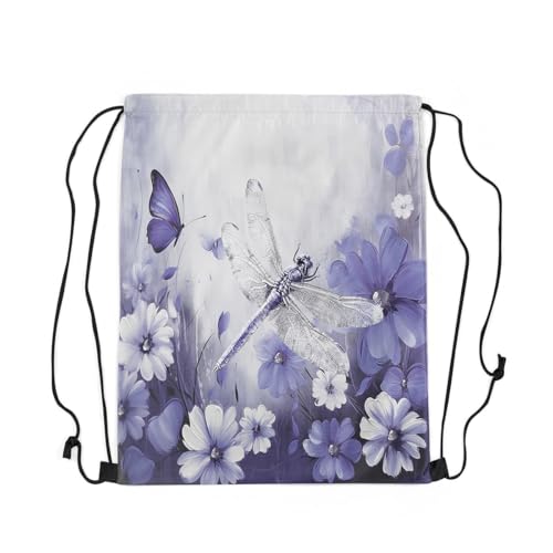 Erosebridal 3D Dragonflies Drawstring Backpack 13x15.7, Insects Printed Reversible Draw String Back Bag For Swim Yoga, White Purple Flowers Animals Drawstring Bags, Butterflies String Backpack3