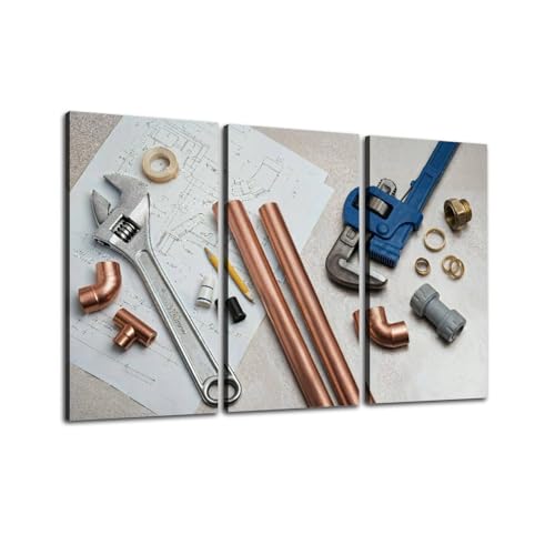 Selection of Plumbers Tools and Plumbing Materials Hardware Print On Canvas Wall Artwork Modern Photography Home Decor Unique Pattern Stretched and Framed 3 Piece
