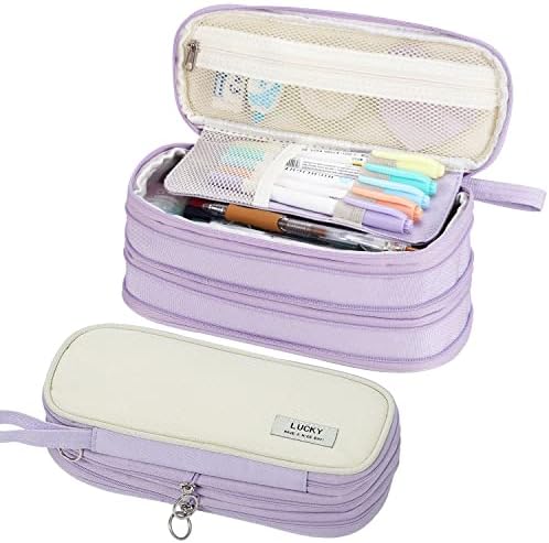 Large Pencil Case With Handle - Big Capacity Zipper Pouch Organizer For School, Office (White Plaid)