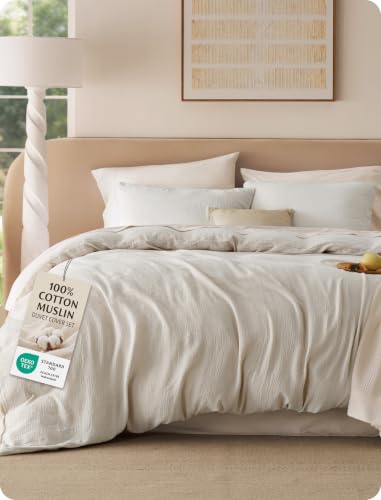 Image of Bedsure 100% Muslin Cotton Duvet Cover Queen Size - Ultra-Soft Gauze Duvet Cover, PureWoven Breathable & Lightweight Bedding Set with Zipper Closure and Corner Ties (Linen, Queen, 90 inchx90 inch)