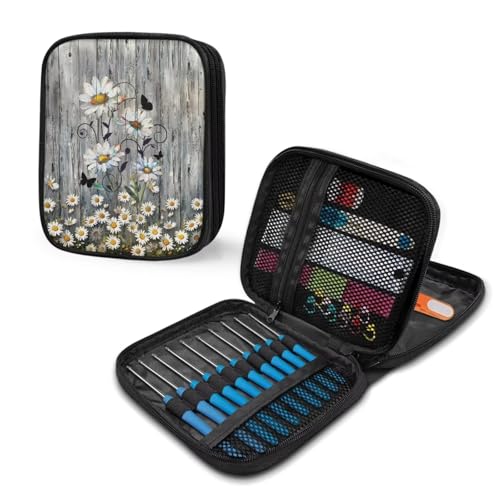 Image of Crochet Hook Case Dasiy Crochet Hook Holder Portable Crochet Hook Storage Bag with Web Pockets Suitable for Crochet Needles /Knitting Accessories