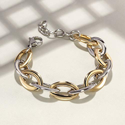 CIUNOFOR Link Bracelet Designer Brand Inspired Antique Women Jewelry Cable Wire Vintage Valentine Wide Cuban Curb Link Bracelet for Men Stainless Steel Adjustable Chain (Two Tone)