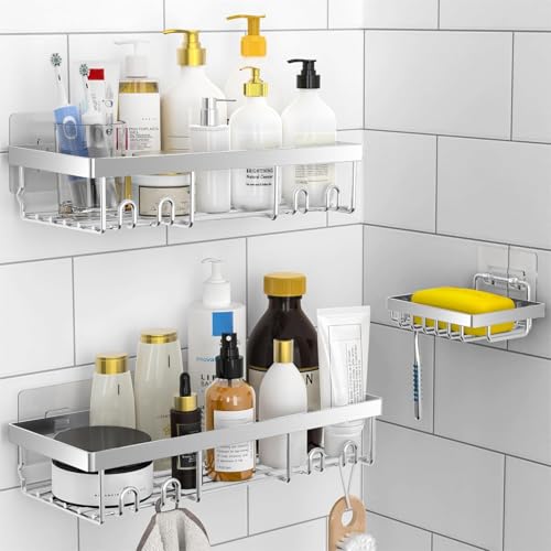 Moforoco 3-Pack Shower Caddy Basket Shelf with Soap Holder No Drilling Traceless Adhesive Shower Wall Shelves Rustproof Black Bathroom Shower Storage Organizer