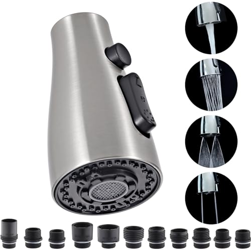 Hsmhose Kitchen Faucet Head Replacement 4 Modes, Pull Down Faucet Sprayer Head Nozzle Kitchen Sink Faucet Head with 11 Adapters (Nickel)