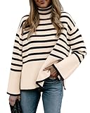 BTFBM Women's Winter Sweaters Casual Turtleneck Long Sleeve Striped Side Slit Loose Pullover Sweater Knit Jumper Tops(Striped Beige, X-Large)
