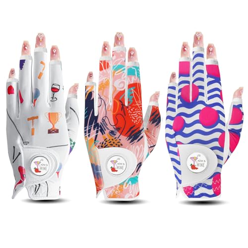 VEASAERS Golf Gloves Women 3 Pack (Half-White+Blue+Orange, S, Left)