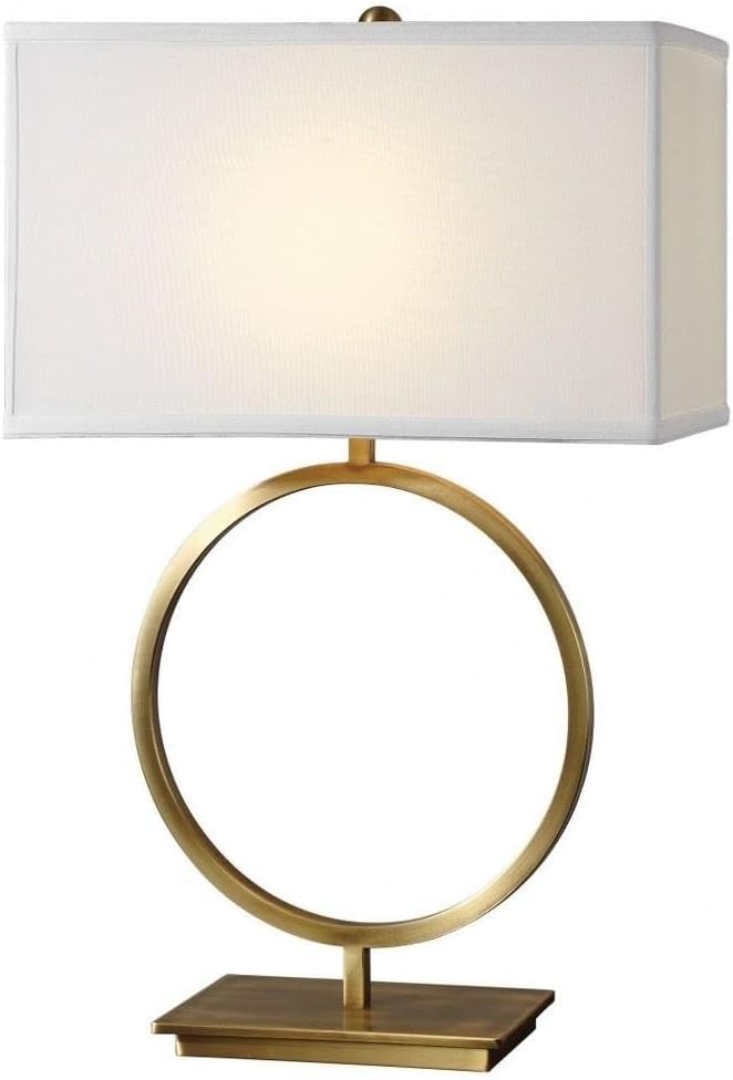 Brushed Brass Open Ring Table Lamp with White Linen Shade