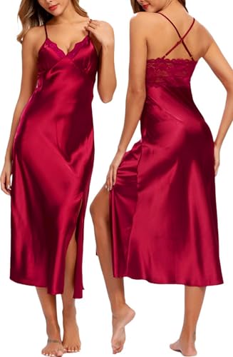 Image of ALCEA ROSEA Women Silk Satin Nightgown Sexy Lace Chemise Lingerie Long Sleepdress for Ladies Sleepwear Slip Negligee