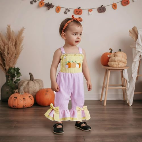 YINGISFITM Toddler Baby Girl Thanksgiving Outfits Turkey Romper Long Flared Jumpsuit Thanksgiving Overalls 0-7 Years Old3