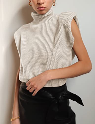 Huaqiao Women's High Neck Knit Sweater Vest Padded Shoulder Turtleneck Sweater Sleeveless Ribbed Pullover Tank Top(Apricot-S) #TOP4
