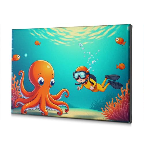 Toile A Diver Swims Near An Octopus pour creer une ambiance bord de mer retro