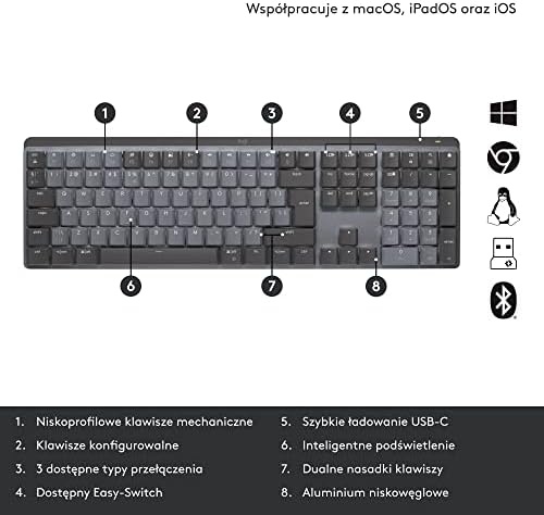 Logitech MX Mechanical Bezprzewodowa Klawiatura podświetlana Performance klawisze Tactile Quiet, Bluetooth, USB-C, macOS, Windows, Linux, iOS, Android, Metal, QWERTY układ US international - Szary