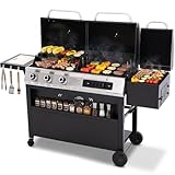 Sophia & William 3-Burner Gas and Charcoal Grill Combo with Offset Smoker - Dual Fuel BBQ Grill, 840 sq. in. Cooking Area, Heavy Duty Propane Barbecue for Outdoor Patio Cooking, Black