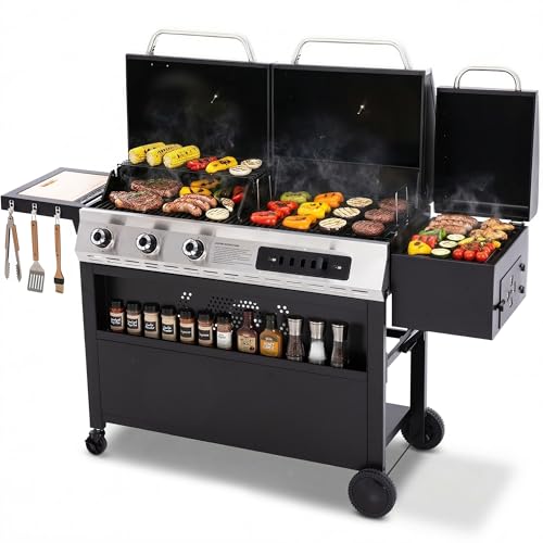 Sophia & William 3-Burner Gas and Charcoal Grill Combo with Offset Smoker - Dual Fuel BBQ Grill, 840...