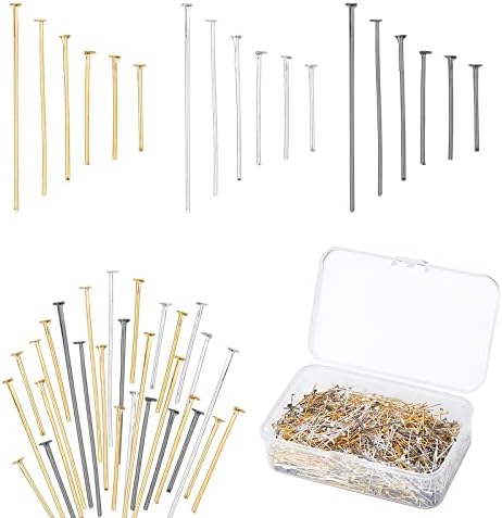 PH PandaHall 1740pcs Flat Head Pins for Jewelry Making, 6 Size Iron Headpins 3 Color Metal End Headpins Straight Head Pins Needles Findings for Earring Jewelry Making DIY Craft 40/35/28/22/20/16mm