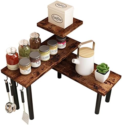 Homode Kitchen Countertop Organizer Corner Shelf, 3 Tier Bathroom Counter Organizer, Space Saving Organization Storage Shelves for Kitchen Counter, Spice Rack, Coffee Table, Over Sink, Rustic Brown