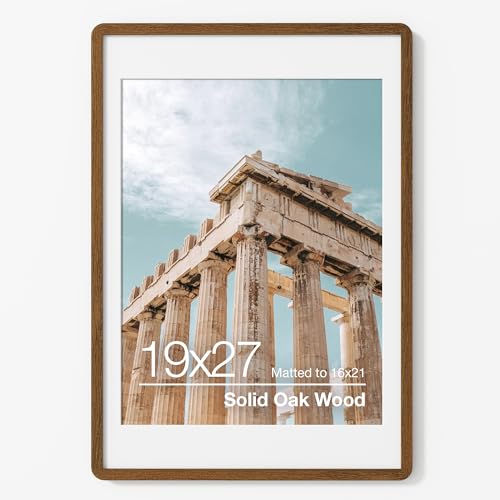 FLYJOE 19x27 Poster Frame | Solid Oak Wood 19x27 Picture Frame | 19 x 27 Picture Frame With Mat For 16x21 | Tempered Glass And Hanging Hardware Included | 19 by 27 Photo Frame, Walnut, 1 Pack
