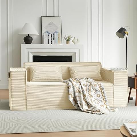 TAZPI Sofa-in-a-Box, Comfy Memory Foam 3-Seater Couch, No Installation & Easy to Transport, White Corduroy Modern Sofa Couch for Living Room White Cover