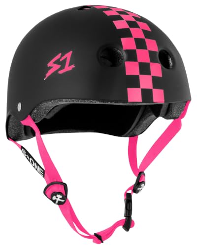 S1 Lifer Helmet for Skateboarding, BMX, and Roller Skating - EPS Fusion Foam, CPSC & ASTM Certified - Black Matte w/Pink Checkers Medium (21.5")