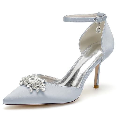 GHSIRUEU Damen Brautschuhe Geschlossene Zehen Knöchelriemen Spangenpumps Hochzeitsschuhe mit Strass,Silber,41 EU