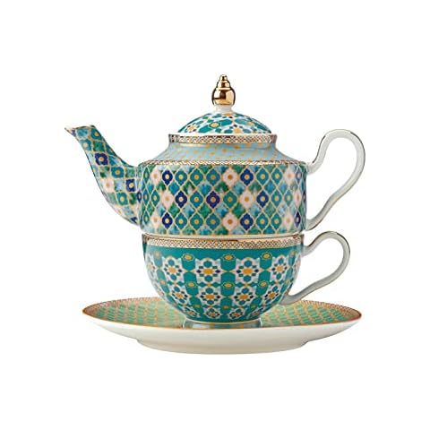 Maxwell & Williams Teas & C’s Kasbah Teapot and Cup Set for 1 with Infuser in Gift Box, Porcelain, 380 ml, Mint Green Cover